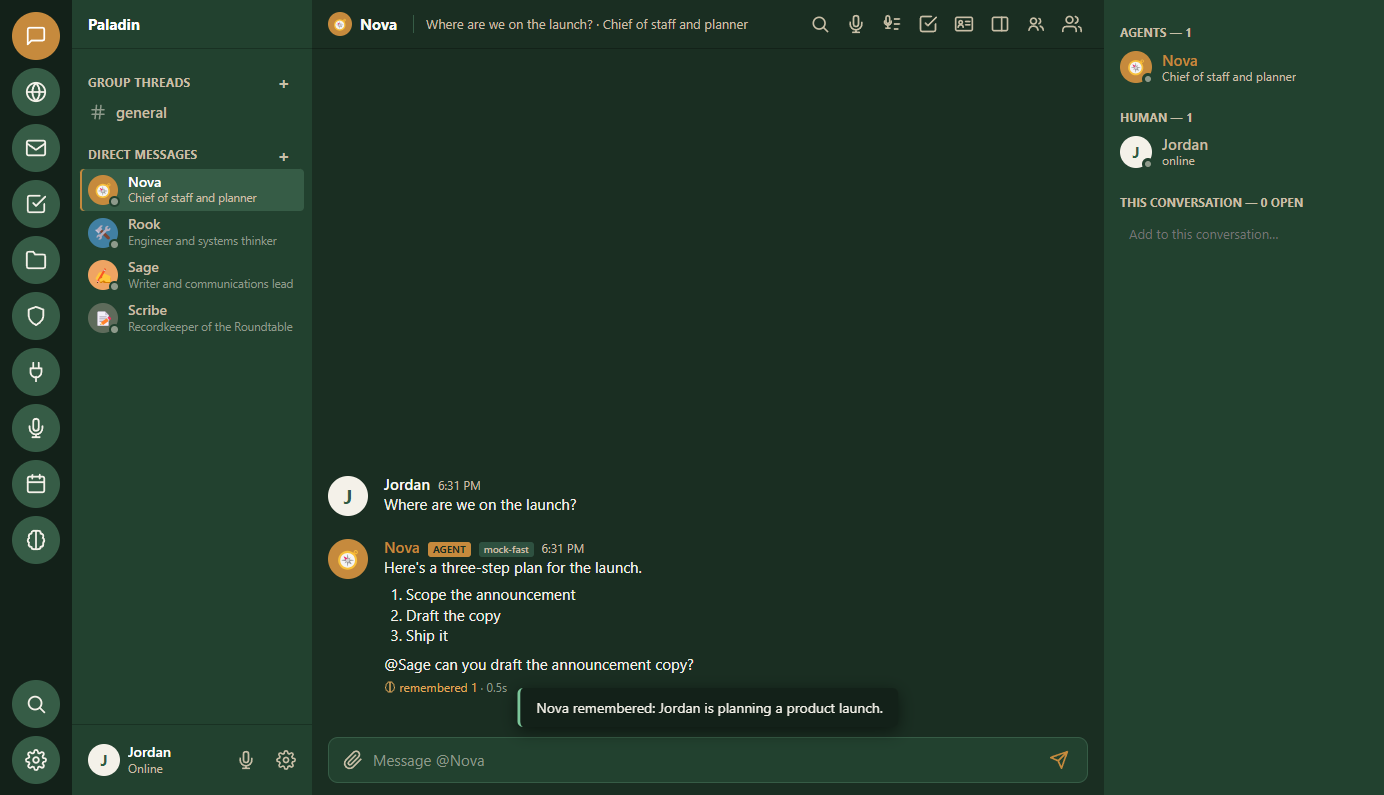 The Paladin window. Chat is open on a conversation with the assistant. Jordan asked where the launch is at; the assistant answered with a three-step plan and handed the announcement to a writing agent. The other agents are in the list on the left.